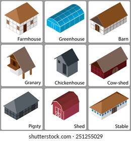 3D Isometric Farm Buildings Icons, Colored Version, Vector Illustration