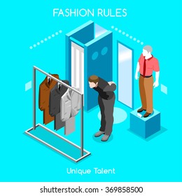 3D Isometric Fashion Clothing Shoes Room. Fashion People Man Business Dressing Store. Isometric Flat Retail Shopping People Shoes Shop. Fashion Infographic Space 3D. Woman Shopping Shoes Vector Image