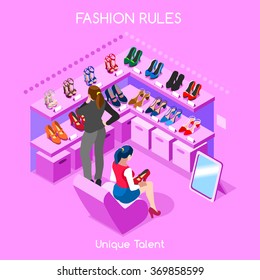 3D Isometric Fashion Clothing Shoes Room. Fashion People Man Business Dressing Store. Isometric Flat Retail Shopping People Shoes Shop. Fashion Infographic Space 3D. Woman Shopping Shoes Vector Image