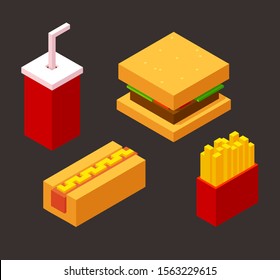 3d isometric fast food items. Burger, hot dog, soda and french fries. Low poly voxel style vector illustration set.