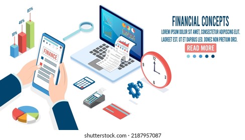 3d isometric Financial report with diagrams, graphs, financial analytic and Business Infographic elements on screen laptop. Vector illustration eps10