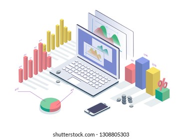 3d isometric flat design. Business strategy concept vector illustration, data analysis, laptop and info graphic elements. 