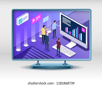3d isometric flat design. Concept of digital technology. Businessmans, desktop, graphs, statistics, icons. Vector illustration.