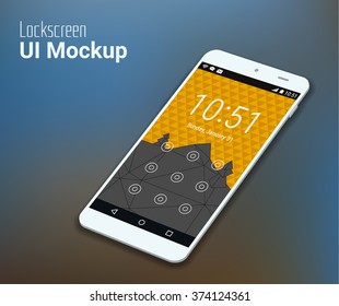 3d isometric flat design lockscreen mobile UI mock up, with triangular abstract geometric landscape background