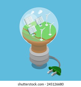 3d isometric flat ecology green energy concept. Eco lamp sun battery wind turbines on green grass power supply plug. Flat isometry ecological power economy consumption collection.