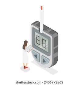3D Isometric Flat Illustration of Blood Sugar Test, Measuring Glucose in Blood with Glucometer. Item 3