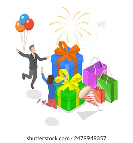 3D Isometric Flat Illustration of Celebrating Party, Happy Cheerful People. Item 3