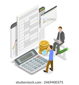 3D Isometrische flache Darstellung des Finanzberichts, der Haushaltsbuchhaltung oder der Statistik. Punkt 2