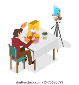 3D Isometric Flat Illustration of Food Blogging, Online Customer Reviews. Item 3