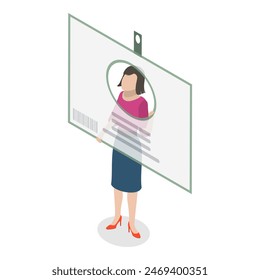 Ilustración plana isométrica 3D de la insignia de la Identificación, tarjeta de identidad con información personal. Tema 1