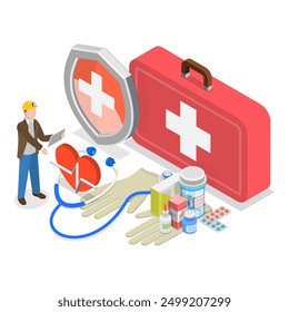 Ilustración plana isométrica 3D de trabajo de seguridad, HSE - Medio ambiente de seguridad sanitaria. Punto 1