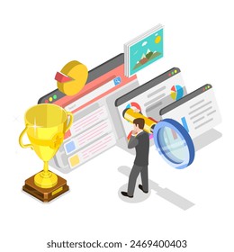 3D Isometric Flat Illustration of SEO Optimization, Web Analytics Social Media Marketing. Item 1