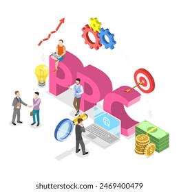 Ilustración plana isométrica 3D de SEO Vs PPC, pago comparativo por Hacer clic y marketing de optimización de motores de búsqueda. Tema 2