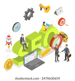 3D Isometric Flat Illustration of SEO Vs PPC, Comparison Pay Per Click and Search Engine Optimization Marketing. Item 1