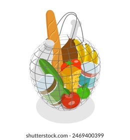 3D Isometric Flat Illustration of Shopping Bags, Different Grocery Sets. Item 3