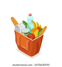 3D Isometric Flat Illustration of Shopping Bags, Different Grocery Sets. Item 1