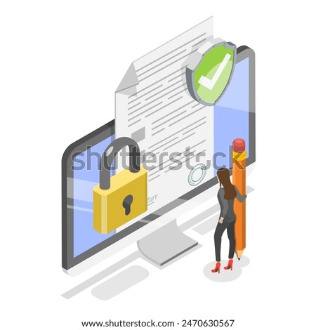 3D Isometric Flat Illustration of Signing Legal Contract, Electronic Signature. Item 2
