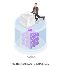 Ilustración plana isométrica 3D del estado de la materia, sólido, líquido y gas. Tema 1