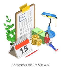 3D Isometric Flat Illustration of Tax Calcualtion Report, Online Declaration Filing. Item 1
