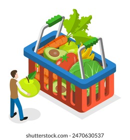 Ilustración plana isométrica 3D de la compra de verduras, conjunto de escena de compras. Tema 2