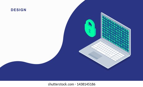 3d isometric flat laptop design. Vector notebook illustration. 3d flat lock protection.