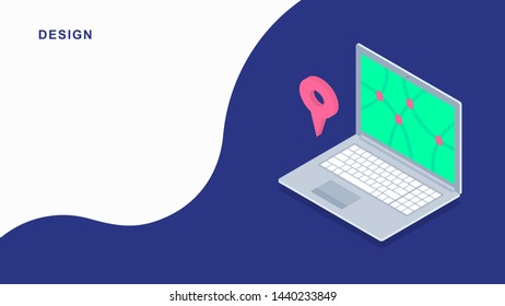 3d isometric flat laptop design. Vector notebook illustration. 3d flat location indicator.