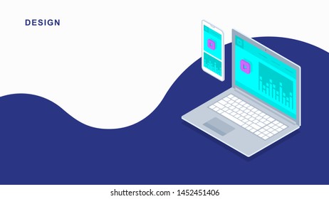 3d isometric flat laptop and mobile design. Vector notebook and mobile illustration.