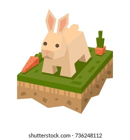 3D isometric flat style rabbit. Isometry animal. Vector hare character. Rabbit on tile of ground, mammal in wildlife. Hare on grass. Coney element for game or poster design. Vector illustration art. 