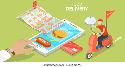 3D Isometric Flat Vector Concept of Restaurant and Cafe Online Food Order App, Fast Delivery Service by Scooter.