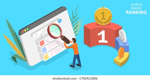 3D Isometric Flat Vector Concept Of SEO Ranking, Website Web Analytics, Optimization Marketing, Search Engine.