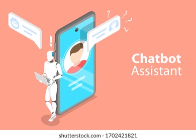 3D Isometric Flat Vector Concept of Chatbot Assistant, AI, Artificial Intelligence, Customer Support, Markting Strategy.