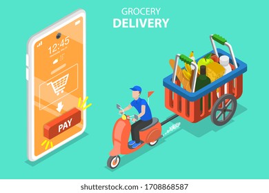 3D Isometric Flat Vector Concept of Grocery Delivery, Online Food Order App, Fast Delivery Service.