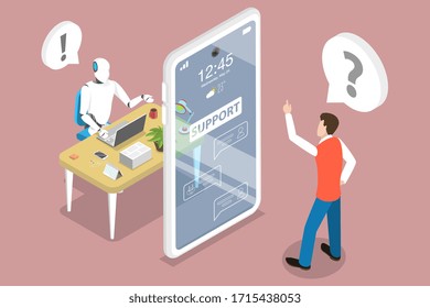 3D Isometric Flat Vector Concept of Customer Support Chatbot Assistant, AI, Artificial Intelligence, Markting Strategy.