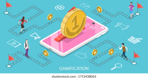 3D Isometric Flat Vector Concept of Interactive Content For Audience Engaging, Mobile App Gamification, Encouraging Customers to Earn Rewards.