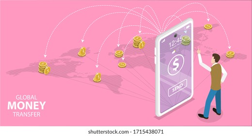 3D Isometric Flat Vector Concept Of Money Transfer Mobile App, Sending Money Around The World, Online Banking, Financial Transaction.