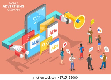 3D Isometric Flat Vector Concept of Mobile Advertising, Social Media Campaign, Digital Marketing.