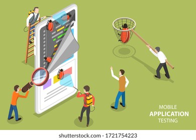 3D Isometric Flat Vector Concept of Mobile App Testing, Quality Assurance, Software Development, Searching for Bugs in Code.