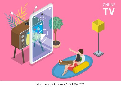 3D Isometric Flat Vector Concept Of Mobile Smart TV, Streaming Home Entertainment, Movie Online.