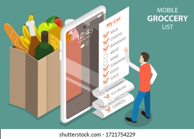3D Isometric Flat Vector Concept Of Mobile Grocery List, Shopping List App.