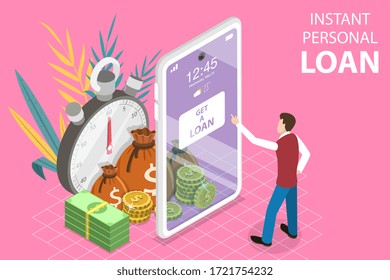 3D Isometric Flat Vector Concept of Instant Personal Loan, Quick and Easy Cash, Finance Services.