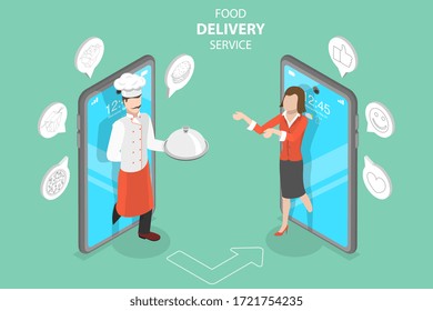 3D Isometric Flat Vector Concept of Food Delivery Service, Restaurant and Cafe Online Food Order App.