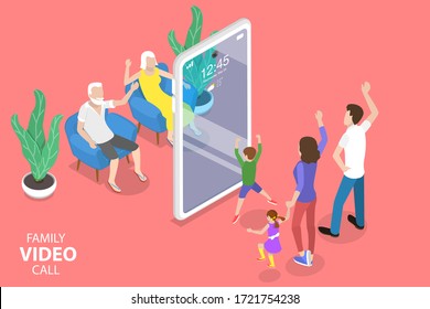 3D Isometric Flat Vector Concept of Online Video Conference Tool, Video Chat Mobile App, Family Call.