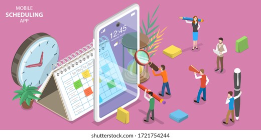 3D Isometric Flat Vector Concept of Online Scheduling App, Time Management Application.