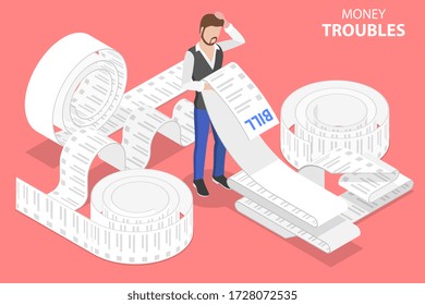 3D Isometric Flat Vector Concept of Money Troubles, Financial Problems, Business Crisis and Bankruptcy, Upaid Bills or Loan Debt.