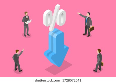 3D Isometric Flat Vector Concept Of Percentage Decrease, Interest Rate Drop.