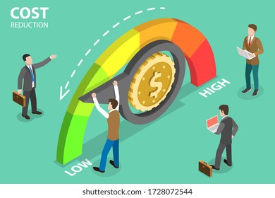 3D Isometric Flat Vector Concept Of Cost Reduction, Dollar Rate Decrease, Price Minimising, Falling Rate Of Profit.