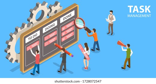 3D Isometric Flat Vector Concept of Task Management Process, Scheduling Tool, Planning Board, Team Planner Meeting.