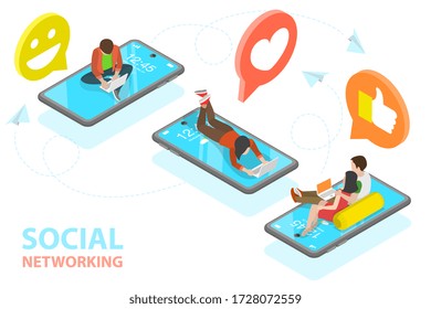 3D Isometric Flat Vector Concept of Social Networking, Digital Communication, Online Chatting.