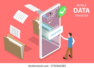 3D Isometric Flat Vector Concept of Document Transfering Service, Phone Data Exchange, Online Synchronization App.