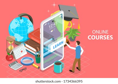 3D Isometric Flat Vector Concept of Mobile Education App, E-learning, Online Courses, Distant Training.